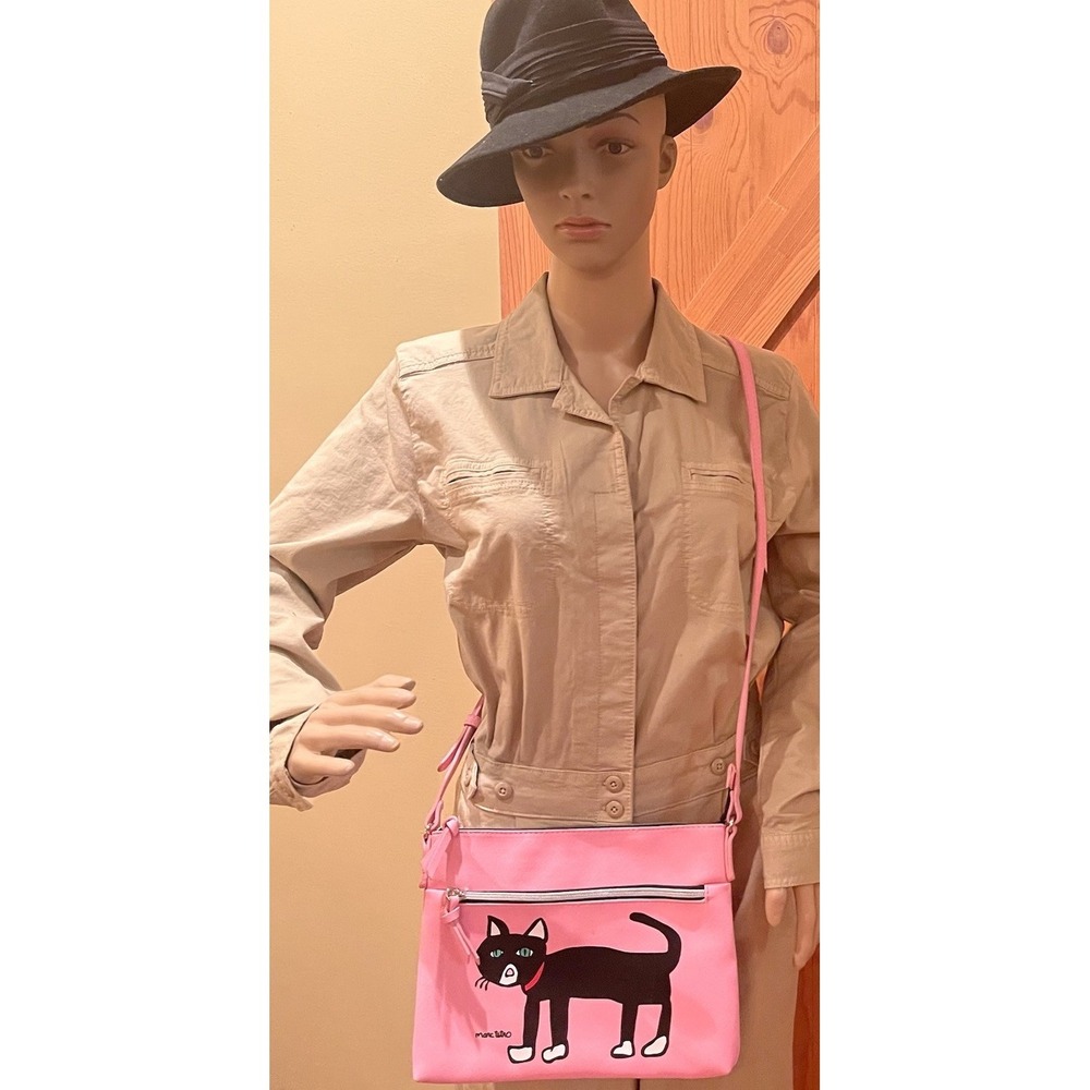 Marc Tetro Cat Crossbody Bag Pink Black Vinyl Shoulder Purse Adjustable - Picture 5 of 11